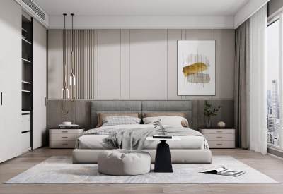 现代卧室 双人床 床头柜组合 衣柜 装饰画 摆件